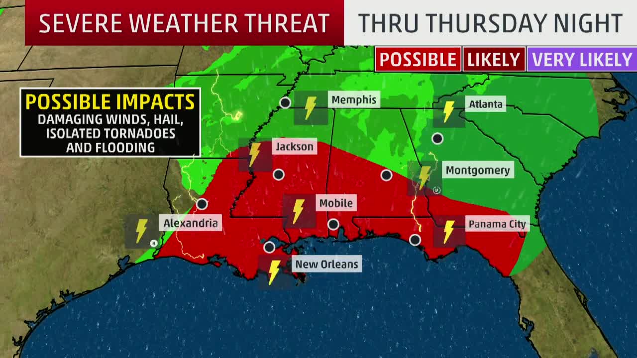 Severe Weather Threat Moves Towards the Gulf Coast Videos from The