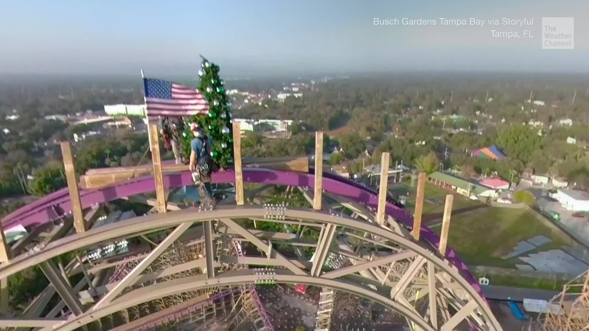 Christmas Tree Sits Atop Roller Coaster in Florida Videos from The