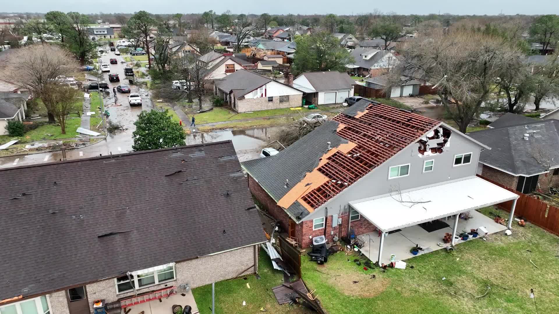 Drone Video Captures Images Of Damaged Neighborhood Near Houston 